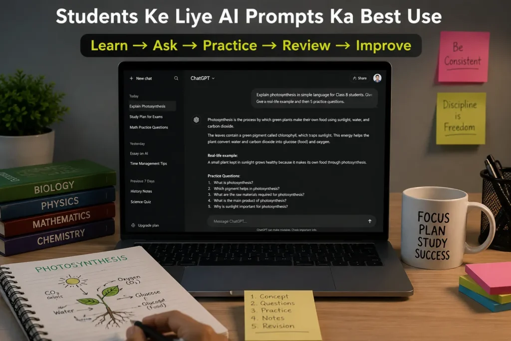 Student using freeAI prompts guide on a laptop to learn, practice and improve study skills