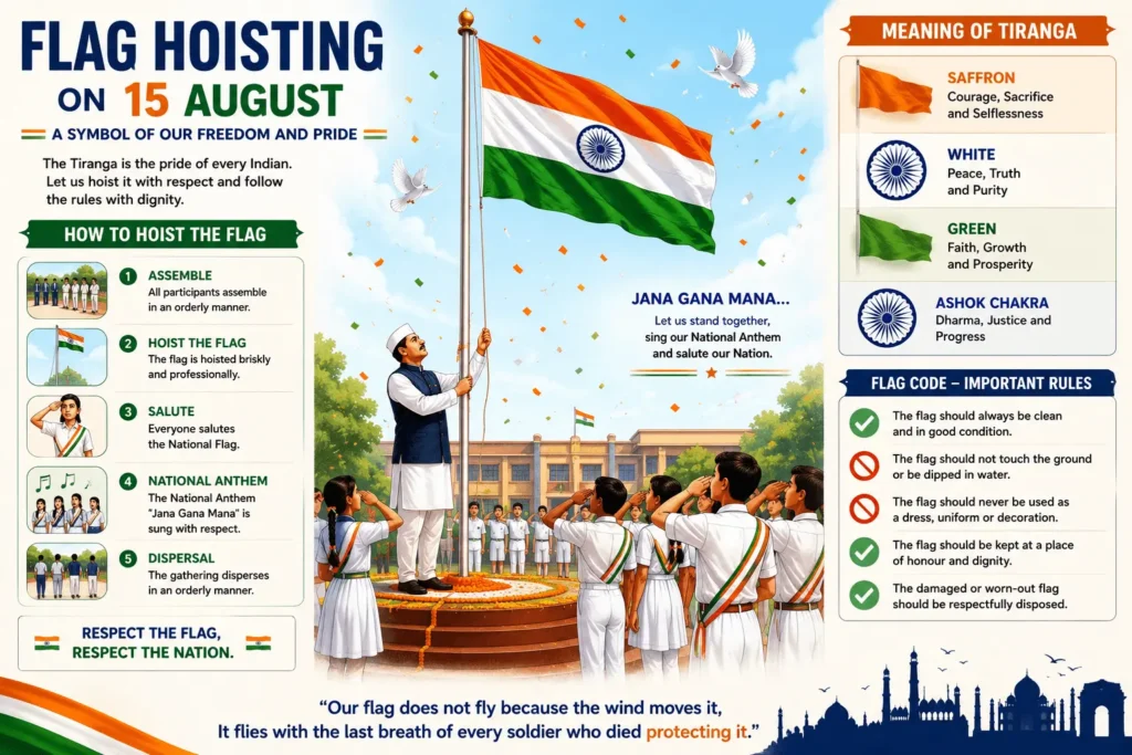 Flag Hoisting Ceremony on Independence Day 15 August flag hoisting ceremony illustration with students saluting the Indian National Flag