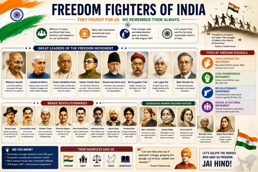 Top Freedom Fighters of India Top Indian freedom fighters infographic including Mahatma Gandhi, Bhagat Singh, Subhas Chandra Bose and other national heroes