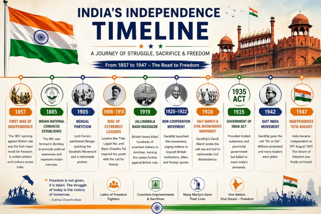 India Independence Timeline 1857–1947 India Independence timeline from 1857 to 1947 showing major events of the freedom struggle