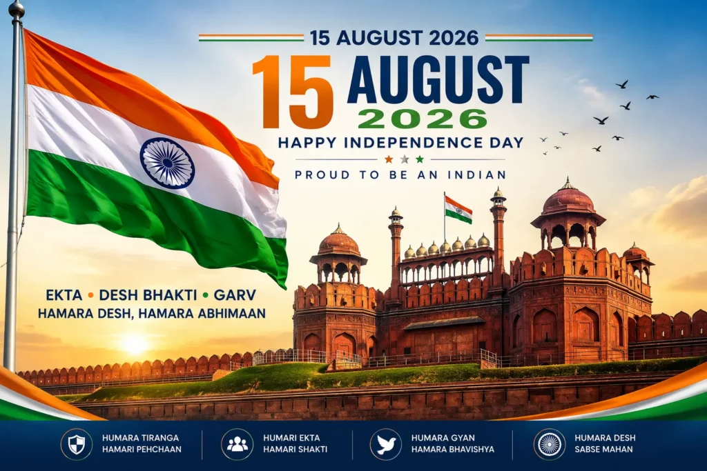 15 August 2026 Independence Day hero banner featuring the Indian National Flag, Red Fort and patriotic theme