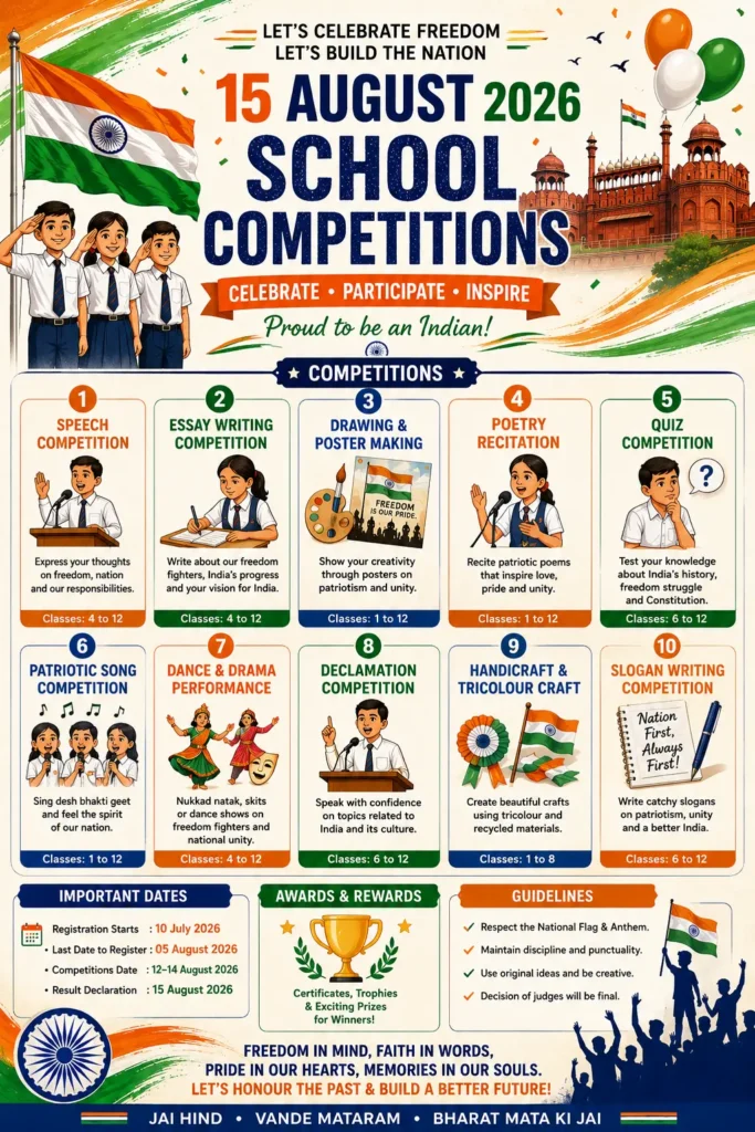 15 August 2026 School Competitions 15 August 2026 school competition poster featuring speech, essay, quiz, drawing and patriotic events