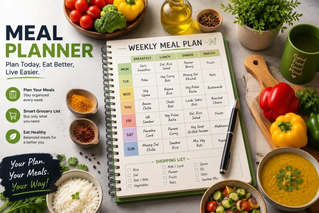 Meal Planner with weekly meal plan, grocery list and healthy Indian meal ideas
