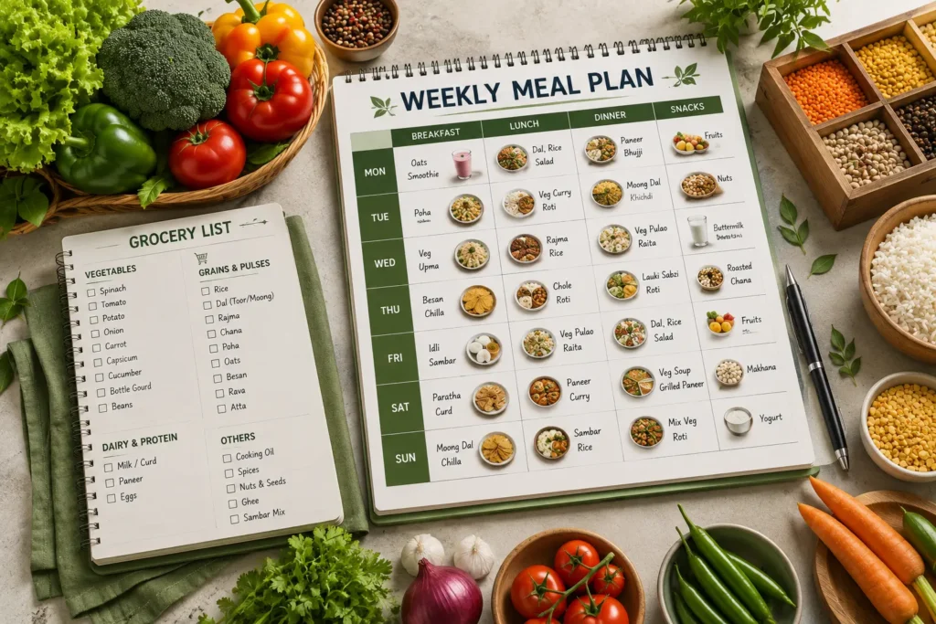 Weekly meal planner with Indian meal ideas, grocery list and fresh ingredients