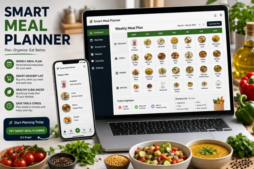 Smart Meal Planner showing weekly meals and grocery planning on laptop and mobile