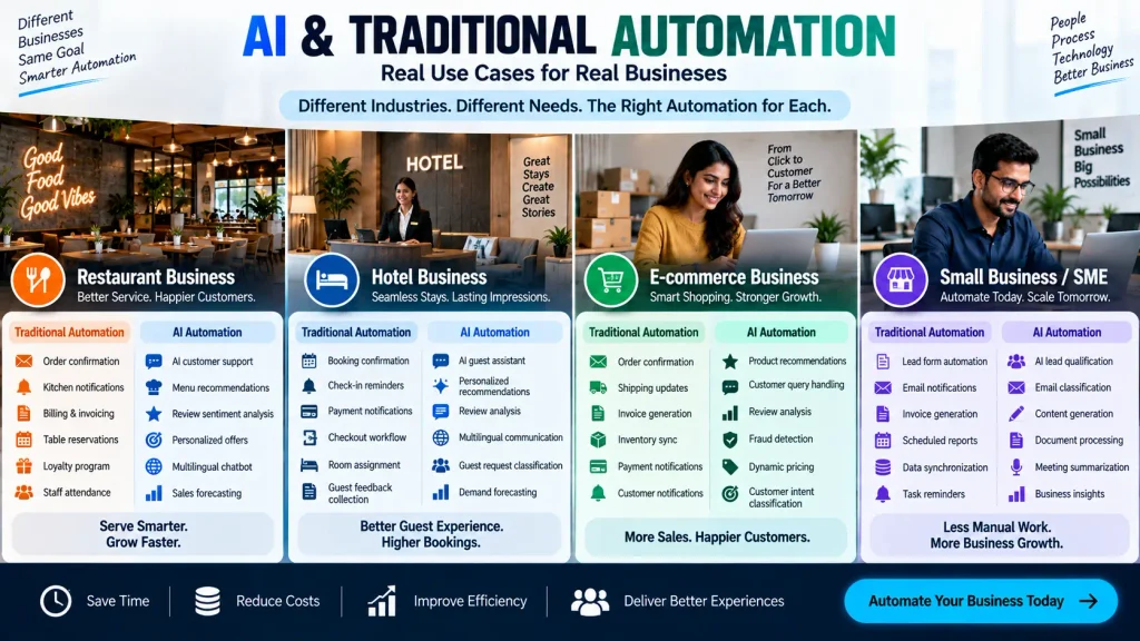 AI and traditional automation use cases for restaurants hotels ecommerce and small businesses