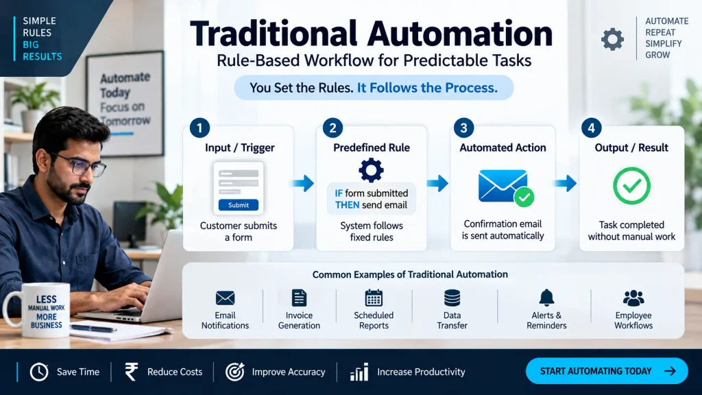 Traditional rule-based automation workflow for predictable business tasks